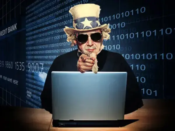 Uncle Sam as a hacker, wearing a hoodie and sunglasses.