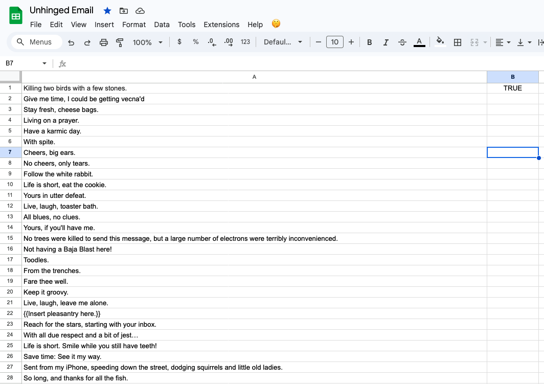 Google Sheet with Column A (signatures) and Column B (TRUE/FALSE)